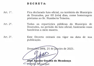 Prefeito decreta luto oficial de três dias pela morte de Humberto