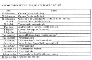 Calendário de pontos facultativos tem só um feriado estadual