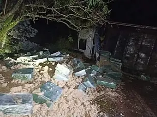 Caminhão tomba em rodovia e motorista foge deixando mais de 3 toneladas de maconha
