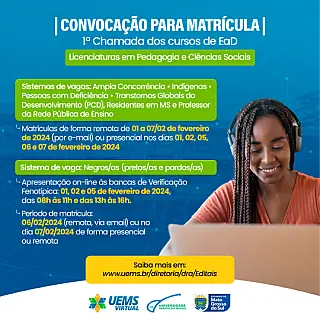 UEMS convoca para matrícula, aprovados na 1ª Chamada dos cursos de EaD